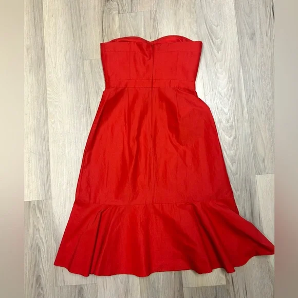 J Crew Dress Red Strapless Midi Silk Cotton Blend Flounce Hem  Sz 2 Party Spring - Picture 9 of 12